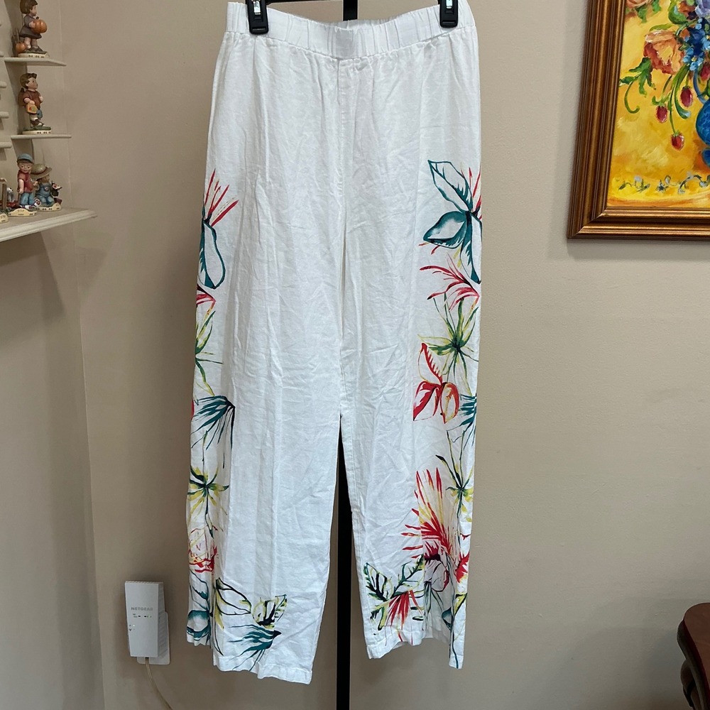 For Cynthia Wide Leg Pants M White Tropical Floral Linen Blend Elastic Waist